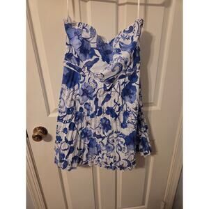 H&M Strapless Pleated Dress - White & Blue - Size 8
